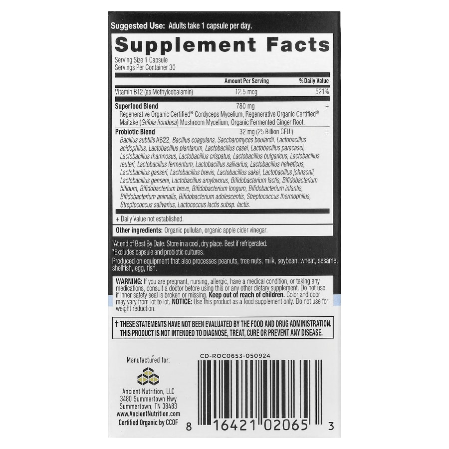 Ancient Nutrition Once Daily Probiotics, 25 Billion CFU, 30 Capsules, view 2