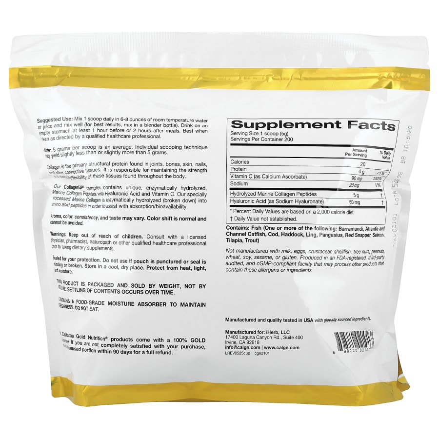 California Gold Nutrition CollagenUP®, Hydrolyzed Marine Collagen Peptides with Hyaluronic Acid and Vitamin C, Unflavored, 7.26 oz (206 g), view 2