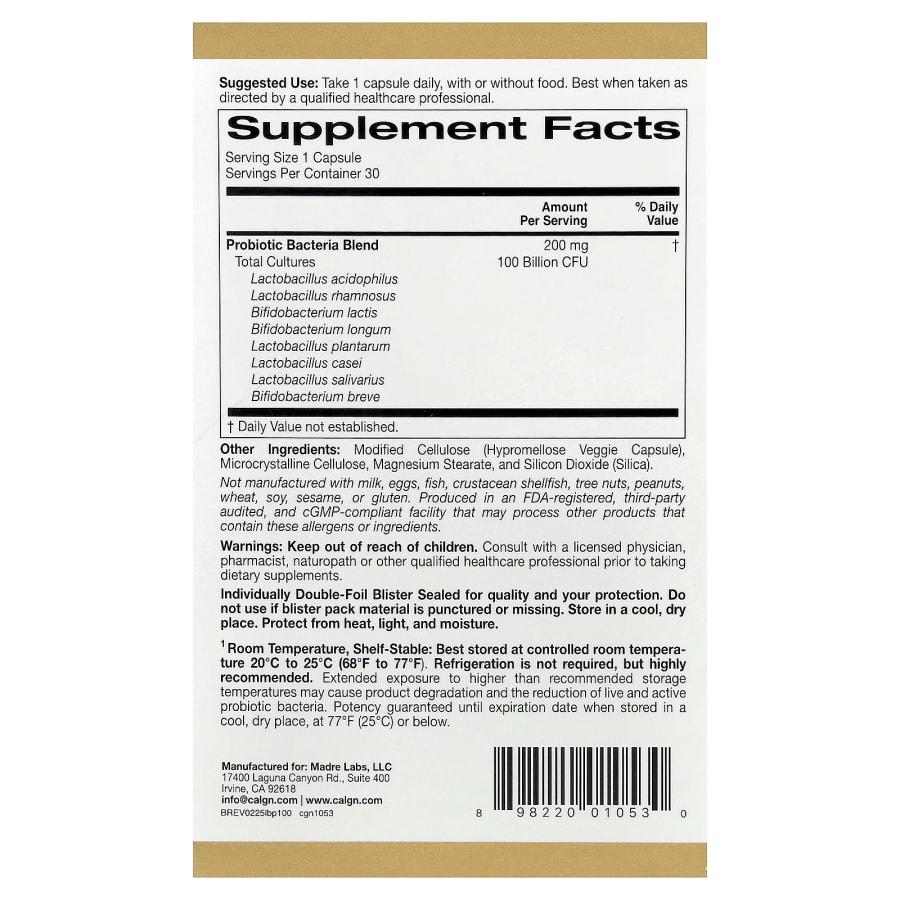 California Gold Nutrition LactoBif® 100 Probiotics, 100 Billion CFU, 30 Veggie Capsules, view 2