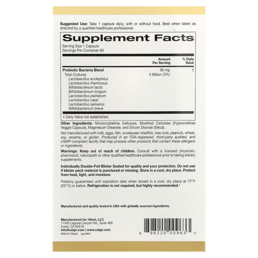 California Gold Nutrition LactoBif® 5 Probiotics, 5 Billion CFU, 60 Veggie Capsules, view 2