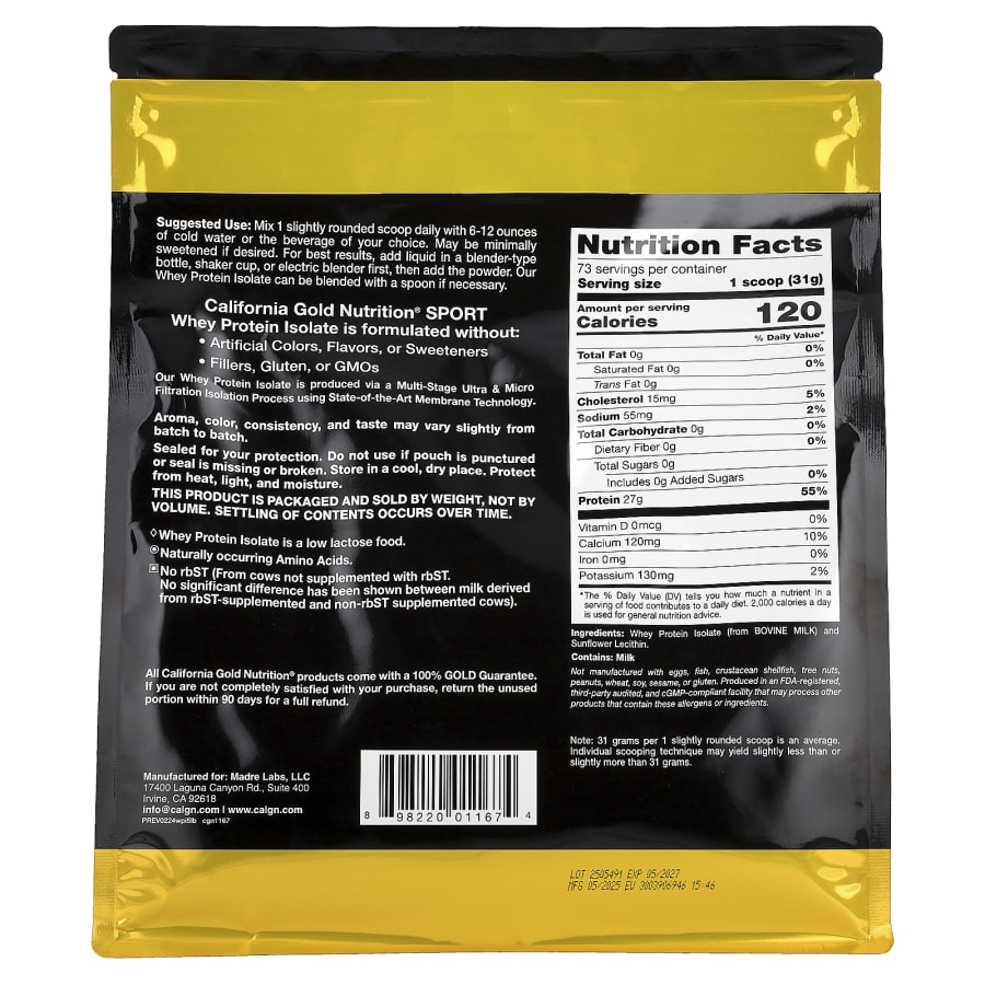 California Gold Nutrition Sport, Whey Protein Isolate, Unflavored, 5 lb (2.27 kg), view 2