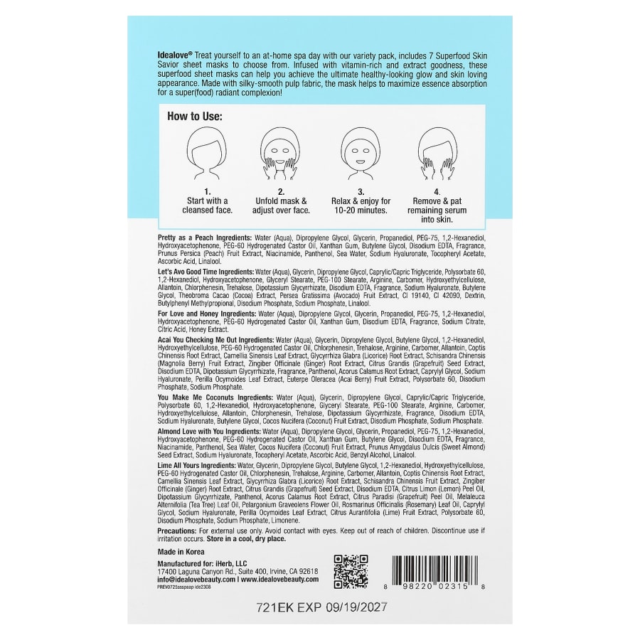 Idealove Superfood Skin Savior Beauty Masks, Variety Pack, 7 Sheets, 0.68 fl oz (20 ml) Each, view 3