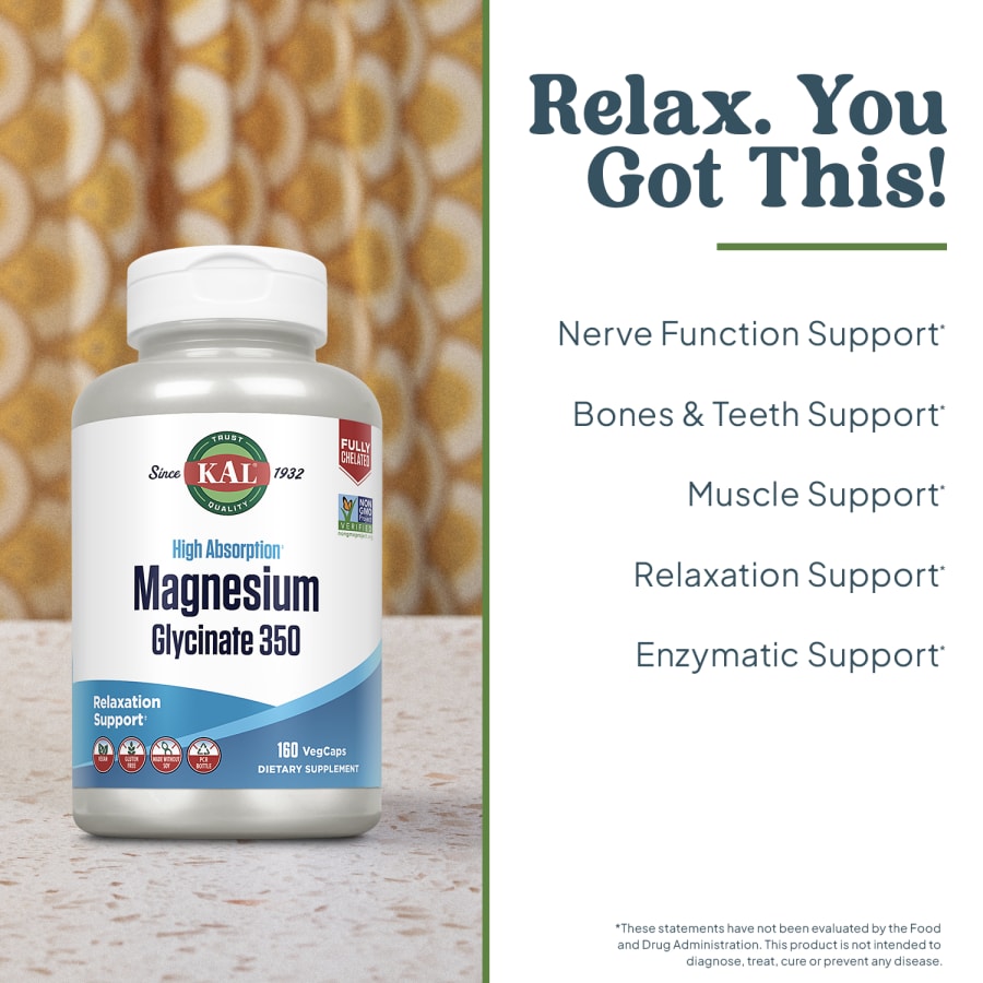 KAL High Absorption Magnesium Glycinate 350, 160 VegCaps, view 3