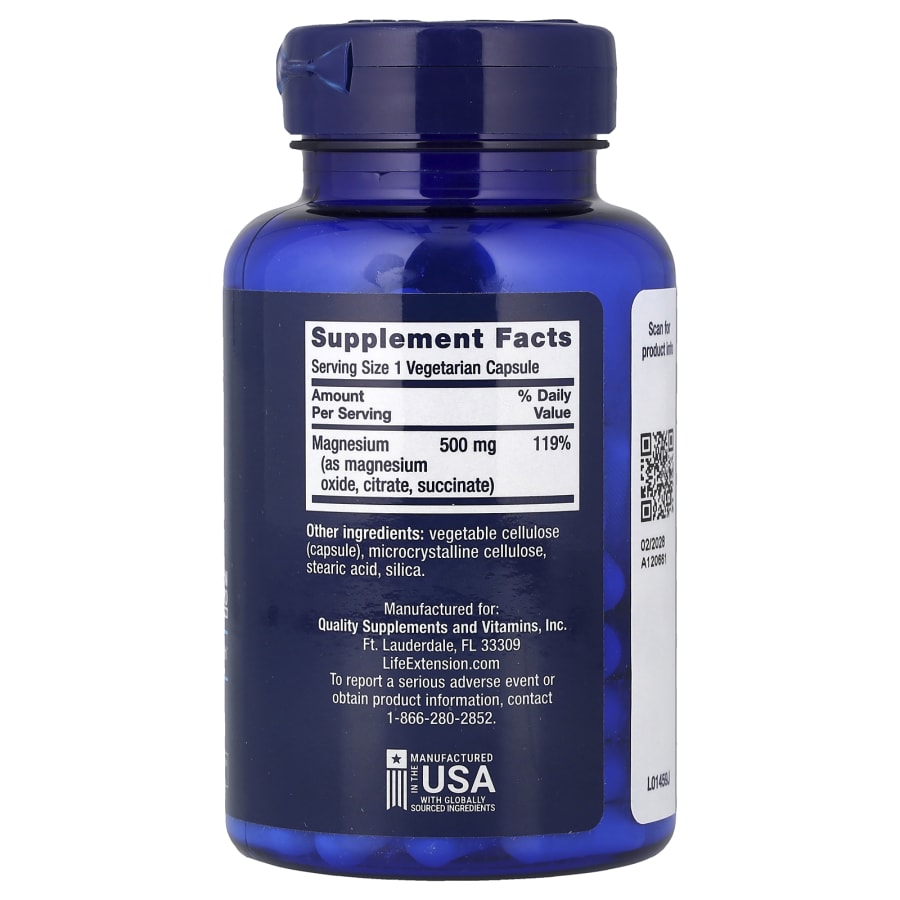 Life Extension Magnesium Caps, 500 mg, 100 Vegetarian Capsules, view 2