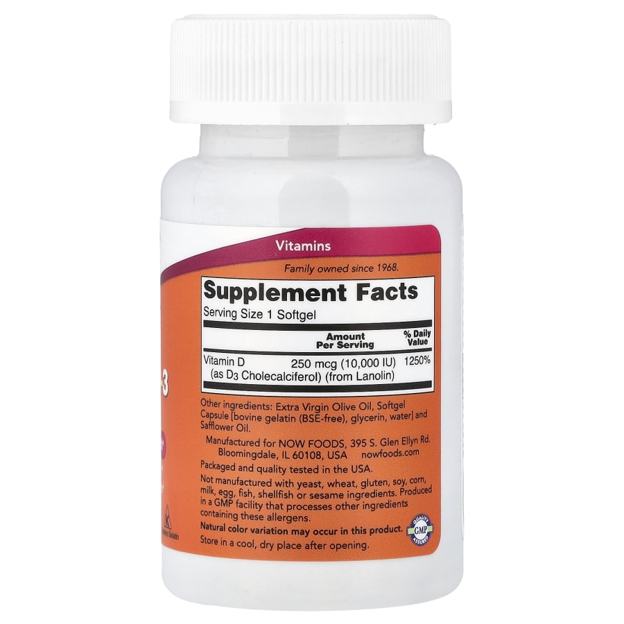 NOW Foods Vitamin D-3, High Potency , 10,000 IU, 120 Softgels, view 2